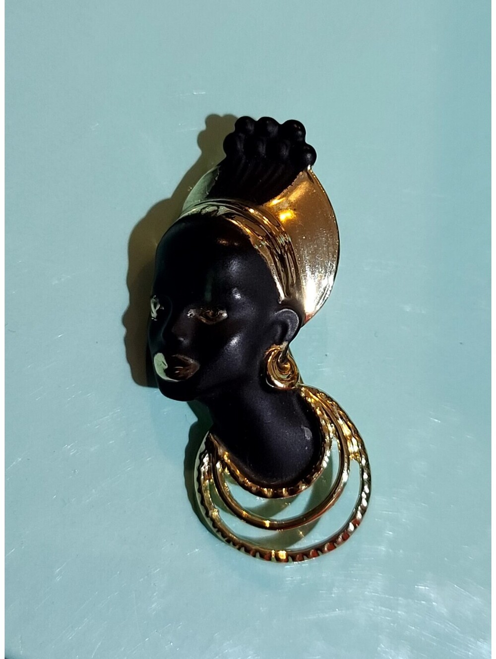 VINTAGE Blackamoore African Queen Beauty Enamel Gold Tone Brooch Pin Rhinestone